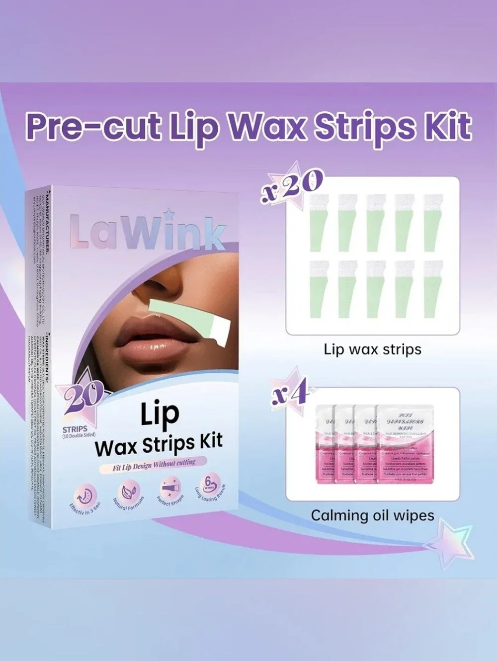 LAWINK 20pcs Upper Lip Wax Strips, Facial Wax Strips Kit with Calming Oil Wipes